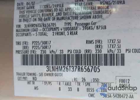 2007 Lincoln Mkz from USA, damaged, VIN 3LNHM26T37R656705